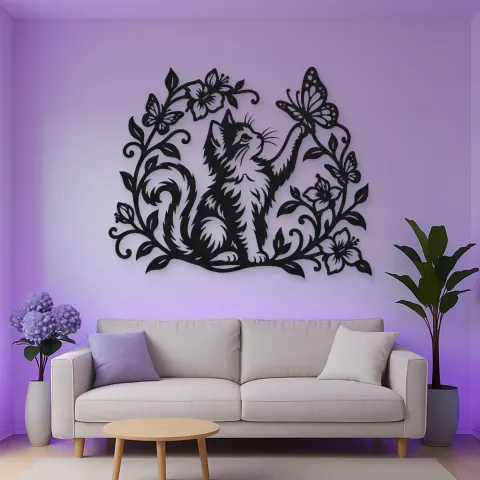 Vue alternative de Cat and Butterfly Vine Metal Wall Art | Pet Lover Silhouette Decor