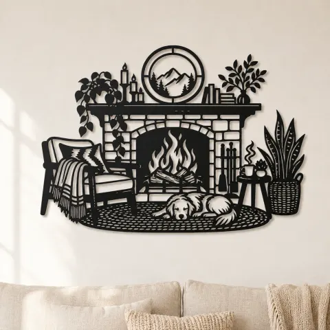 Modern Fireplace Scene Metal Wall Art | Cozy Home Metal Decor
