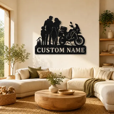Décoration murale en métal personnalisée pour famille de montagne avec moto d'aventure