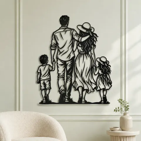 Vue alternative de Family of Four Walk Metal Wall Art | Family Silhouette Decor