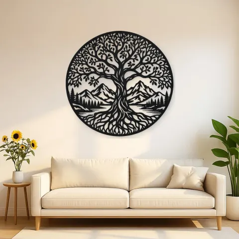 Tree and Mountain Circle Metal Wall Art | Botanical Metal Wall Decor