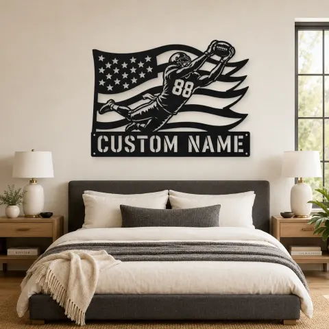 Vue alternative de Décoration murale en métal personnalisée avec receveur plongeant numéro 88 et le drapeau américain