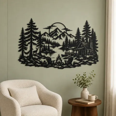 Vue alternative de Campfire in the Pines Metal Wall Art | Nature Silhouette Decor