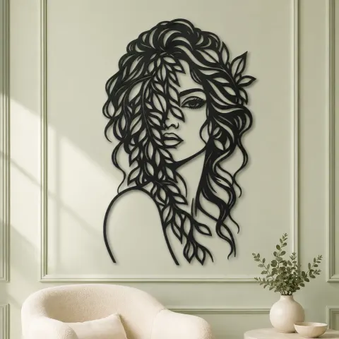 Vue alternative de Leaf Veil Face Metal Wall Art | Minimalist Woman Line Art