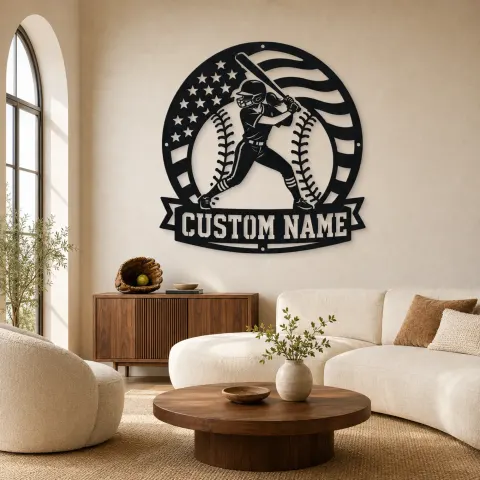 Personalisierte weibliche Softballspielerin Rundflagge Metall-Wandkunst