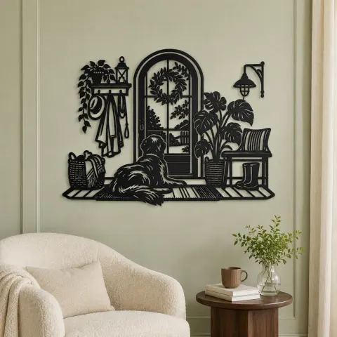 Vue alternative de Dog by the Door Metal Wall Art | Pet Lover Silhouette Decor