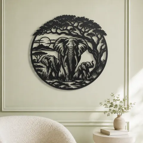 Vue alternative de Elephant Tree Circle Metal Wall Art | Wildlife Silhouette Decor
