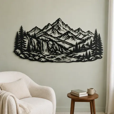Vue alternative de Waterfall Mountain Valley Metal Wall Art | Nature Silhouette Decor
