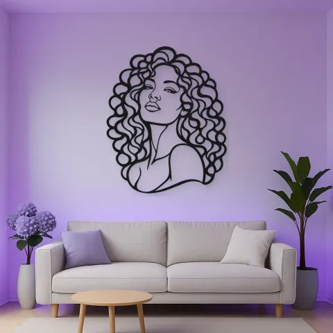 Vue alternative de Curly Hair Portrait Metal Wall Art | Minimalist Woman Line Art