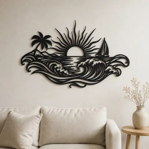 Rising Sun over Waves Metal Wall Art | Celestial Boho Wall Decor
