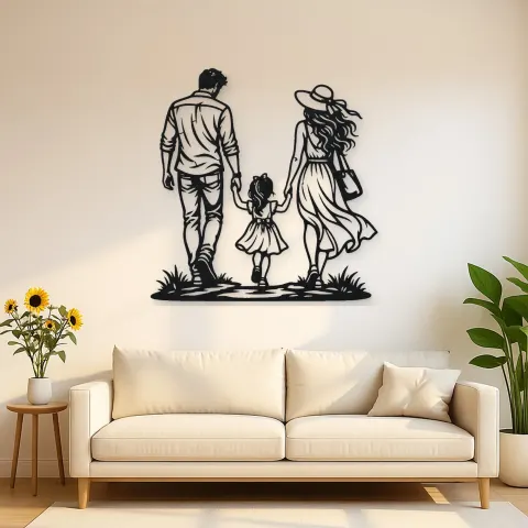 Family of Three Walk Metal Wall Art | Family Silhouette Decor