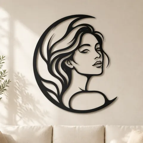 Moon Curve Face Metal Wall Art | Minimalist Woman Line Art