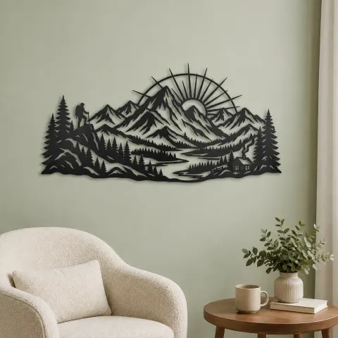 Vue alternative de Mountain Sunrise Arc Metal Wall Art | Nature Silhouette Decor