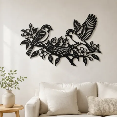 Sparrow Family Metal Wall Art | Wildlife Silhouette Decor
