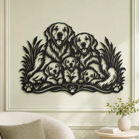 Vue alternative de Golden Retriever Family Metal Wall Art | Pet Lover Silhouette Decor