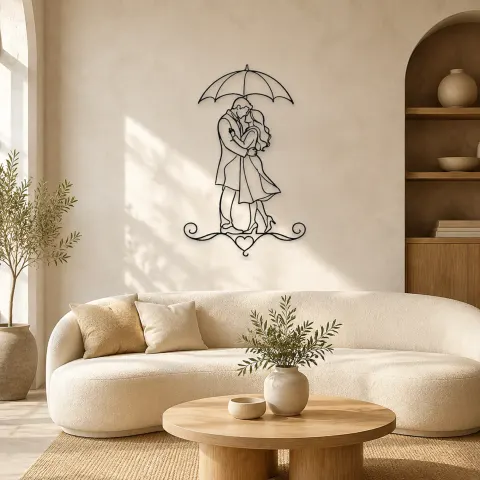 Décoration murale en métal couple sous parapluie | Décor romantique couple