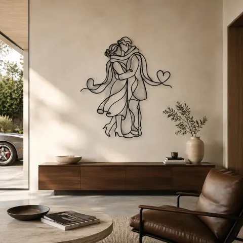 Couple avec Écharpe Partagée Décoration Murale en Métal | Décor de Couple Romantique