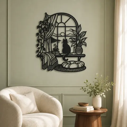 Vue alternative de Cat on Windowsill Metal Wall Art | Pet Lover Silhouette Decor