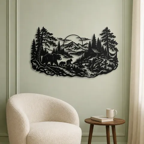 Vue alternative de Bear Forest Trail Metal Wall Art | Wildlife Silhouette Decor