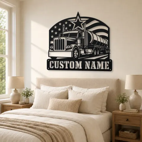 Vue alternative de Décoration murale en métal personnalisée de camion semi-citerne avec drapeau américain