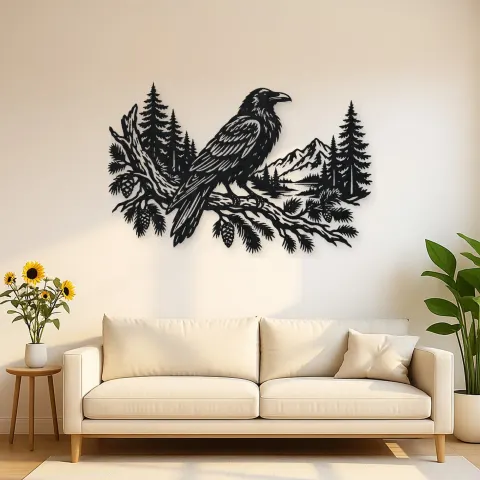 Raven Forest Branch Metal Wall Art | Wildlife Silhouette Decor