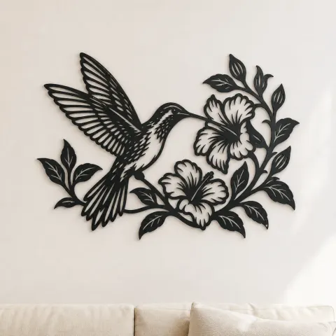 Hummingbird Blossom Metal Wall Art | Wildlife Silhouette Decor