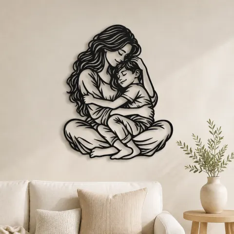 Mother Son Cuddle Metal Wall Art | Family Silhouette Decor