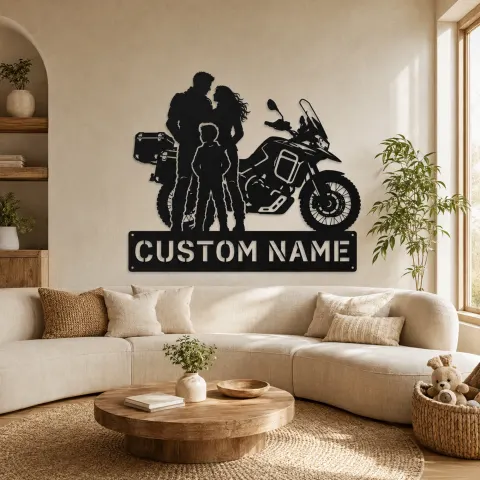 Décoration murale en métal personnalisée pour famille avec moto d'aventure