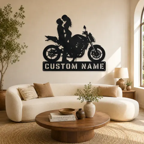 Décoration murale en métal personnalisée Couple Moto Moderne