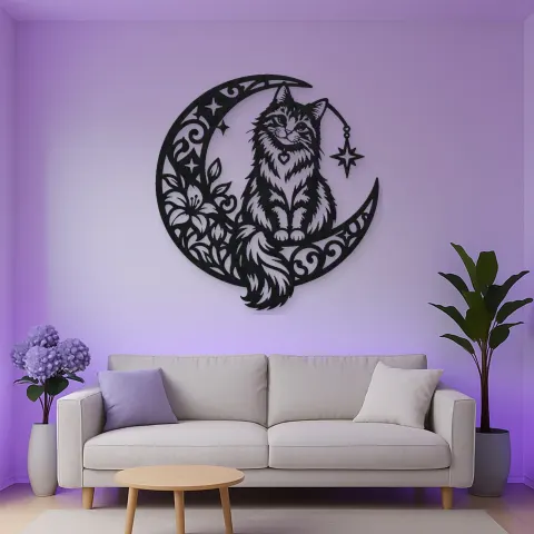Vue alternative de Cat on Moon Arc Metal Wall Art | Pet Lover Silhouette Decor
