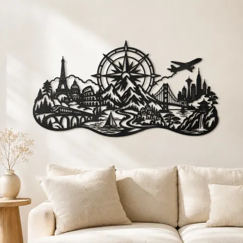 Compass Mountain Flow Metal Wall Art | Nature Silhouette Decor
