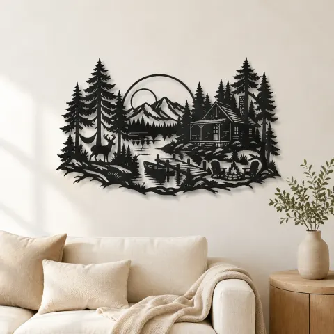 Lakeside Forest Cabin Metal Wall Art | Nature Silhouette Decor