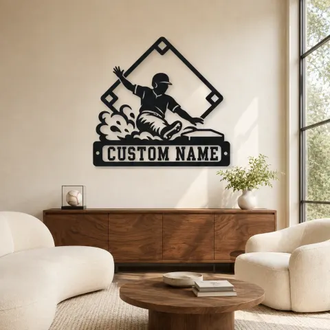 Décoration murale en métal personnalisée - Joueur de baseball glissant vers la maison