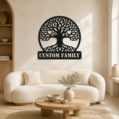 Décoration murale en métal personnalisée avec arbre généalogique et détails en cœur