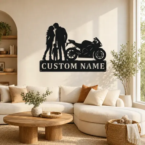 Décoration murale en métal personnalisée pour famille de trois avec moto sportive