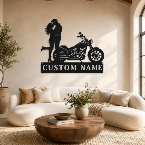 Décoration murale en métal personnalisée Couple de Motards Cruiser avec Talon Levé