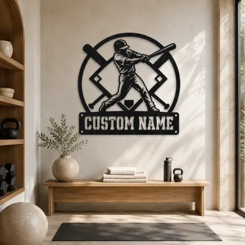 Décoration murale en métal personnalisée de batteur de baseball avec des battes croisées