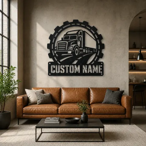 Vue alternative de Décoration murale en métal personnalisée de camion semi-remorque avec cadre d'engrenage
