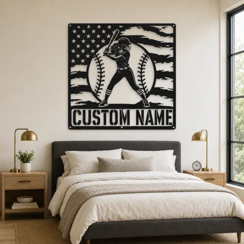Vue alternative de Décoration murale en métal personnalisée de batteuse de softball féminine avec drapeau américain