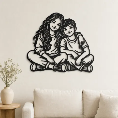 Siblings Side by Side Metal Wall Art | Family Silhouette Decor