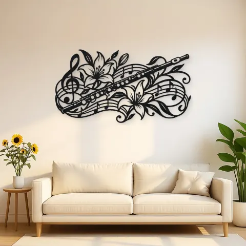 Flute Botanical Line Metal Wall Art | Music Room Wall Decor