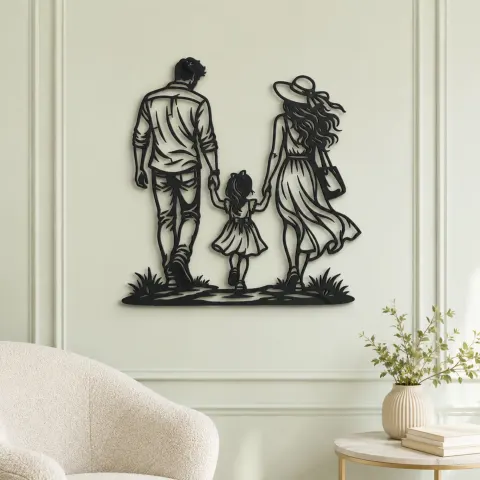 Vue alternative de Family of Three Walk Metal Wall Art | Family Silhouette Decor