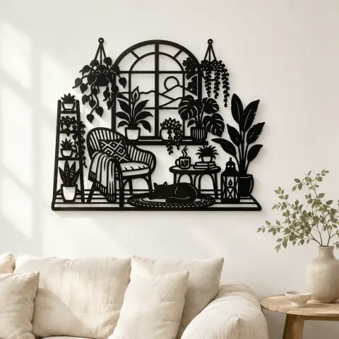 Window Plant Garden Metal Wall Art | Botanical Metal Wall Decor