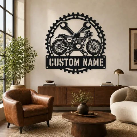 Cartel de metal personalizado de motocicleta cafe racer con engranaje y llave