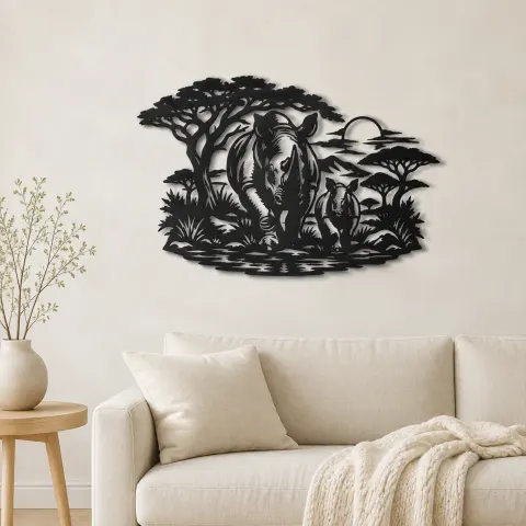 Rhino Savanna Metal Wall Art | Wildlife Silhouette Decor