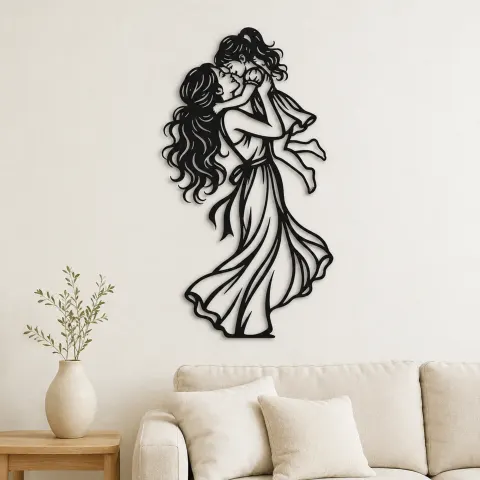 Single Mother Child Metal Wall Art | Family Silhouette Decor