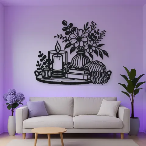 Vue alternative de Candle and Flowers Metal Wall Art | Cozy Home Metal Decor