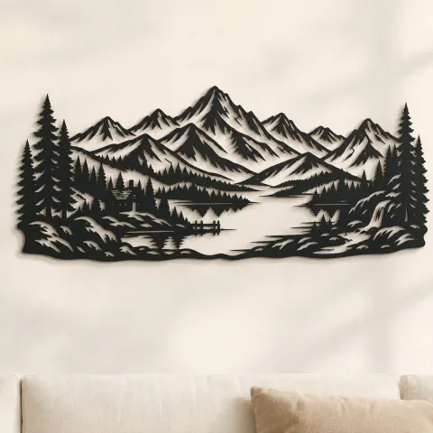 Highland Lake View Metal Wall Art | Nature Silhouette Decor