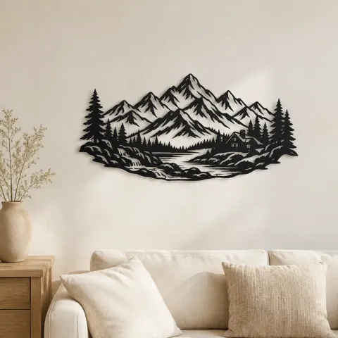 Cabin below the Peaks Metal Wall Art | Nature Silhouette Decor