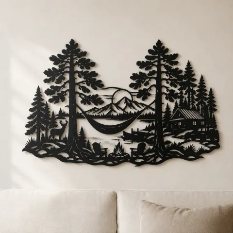 Hammock between Pines Metal Wall Art | Cozy Home Metal Decor